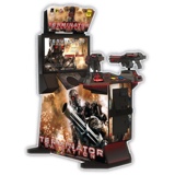 Terminator Salvation<br /><br/>Join John Conner in his quest to save mankind from the machines. Players will enjoy this two player game that sports individually mounted machine guns equipped; each equipped with a rocket launcher button. While on their quest to save mankind, players will appreciate the cabinet features, starting with the 32-inch LCD screen and the coin/bill acceptors.<br /><br />Dimensions: H 72-inches x W 36-inches x D 52-inches, weight 405 lbs.