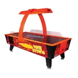 Fire Storm Air Hockey<br /><br />The Fire Strom Air Hockey will light up any establishment. Players are sure to enjoy the rounded corners, blacklight playfield, speakers located next to each player, and LED overhead scoring unit. The Fire Storm Air Hockey is your ticket to boosting repeat business in your location.<br /><br />Dimensions: 99 1/2-inches L x 56-inches W x 71-inches H with overhead, W 475lbs.
